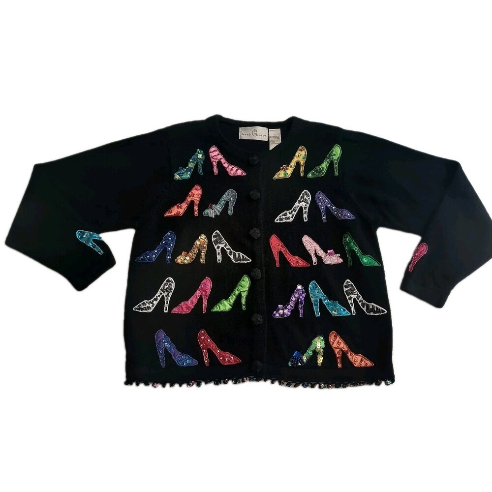 Vintage Jane’s Closet Sweater Cardigan with High Heel Shoe Embellishments Sz XL